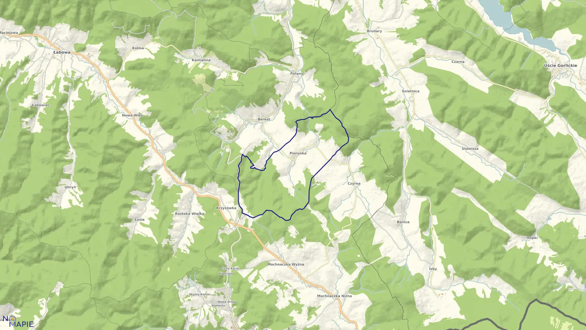 Mapa obrębu Piorunka w gminie Krynica-Zdrój