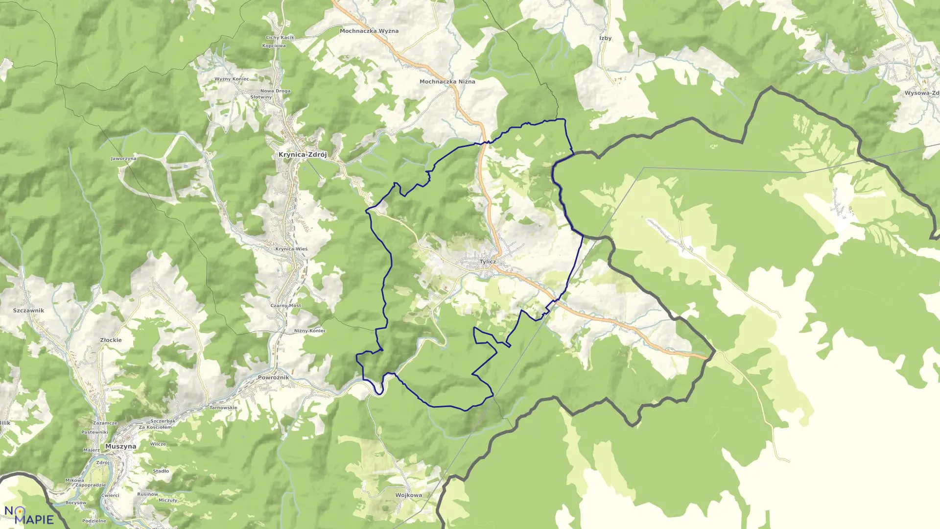 Mapa obrębu Tylicz w gminie Krynica-Zdrój